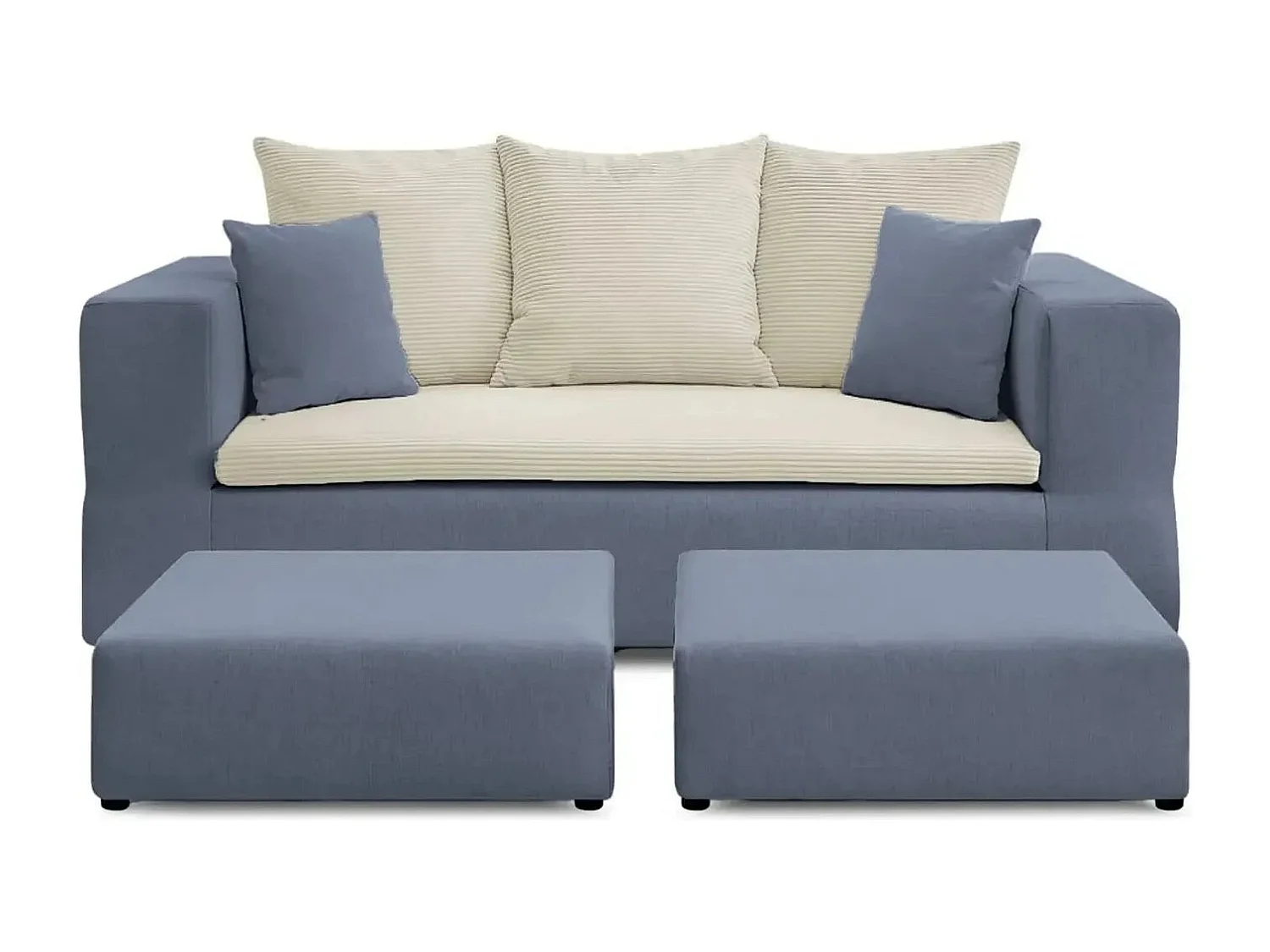 AMBRE - Canapé droit convertible bi matière avec deux poufs 4 places - Bleu