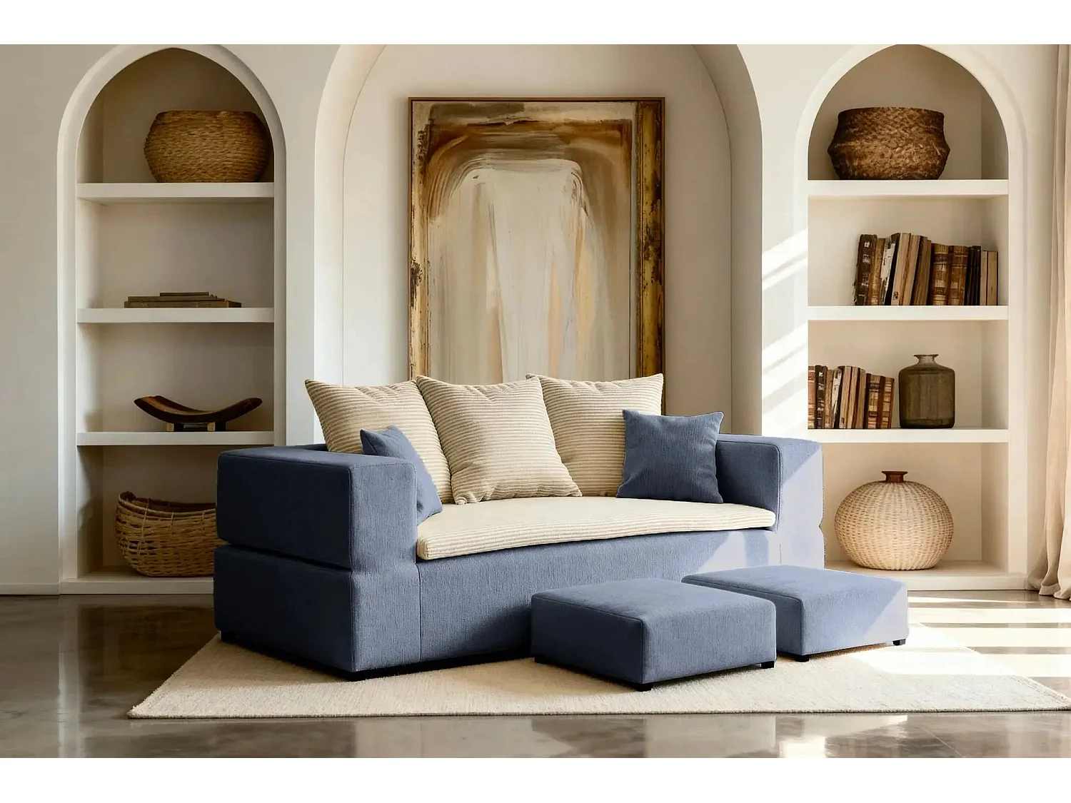 AMBRE - Canapé droit convertible bi matière avec deux poufs 4 places - Bleu