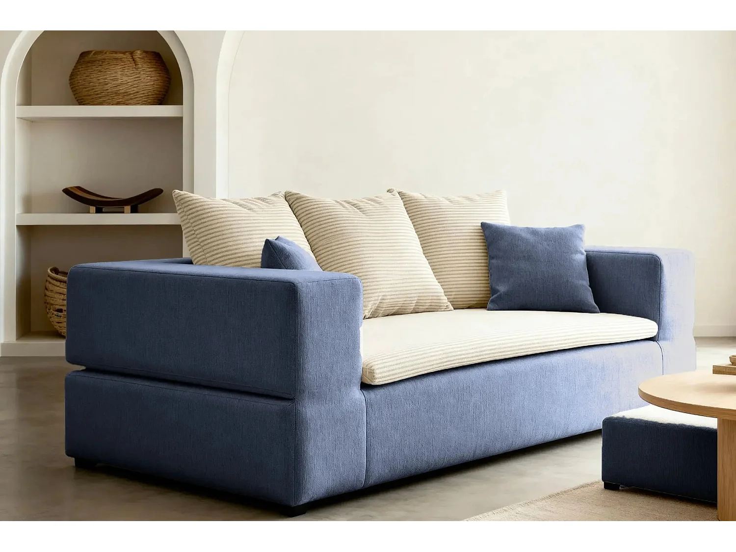 AMBRE - Canapé droit convertible bi matière avec deux poufs 4 places - Bleu