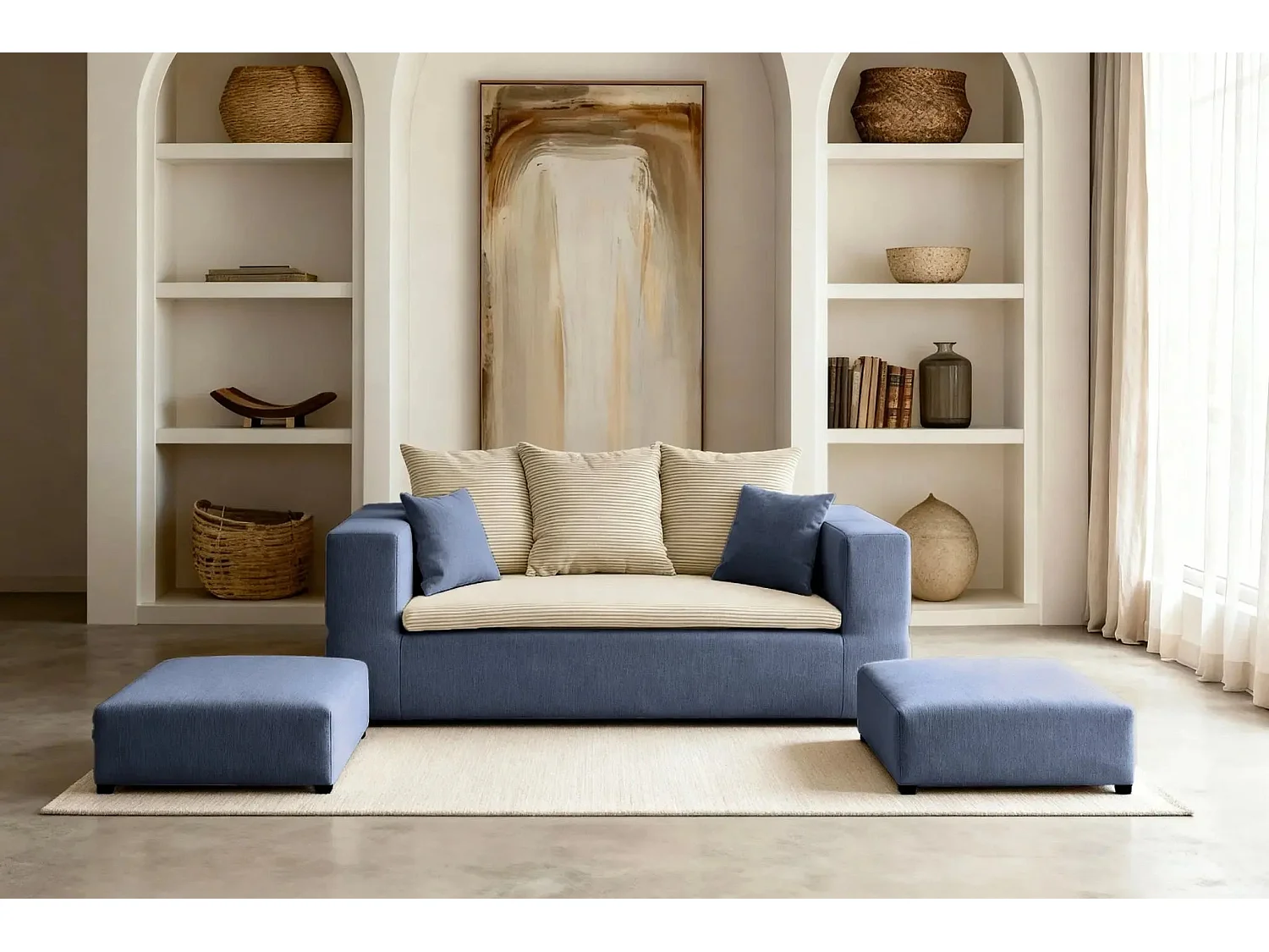 AMBRE - Canapé droit convertible bi matière avec deux poufs 4 places - Bleu