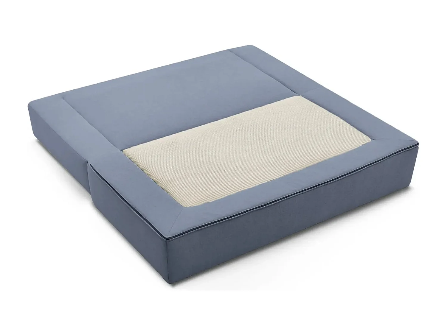 AMBRE - Canapé droit convertible bi matière avec deux poufs 4 places - Bleu