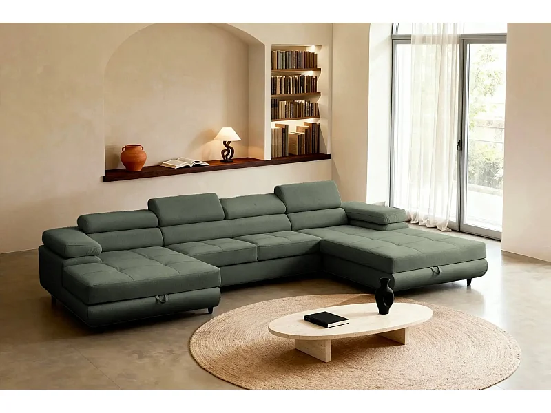 CHARLIE - Canapé panoramique convertible tissu chiné 5 places - Vert