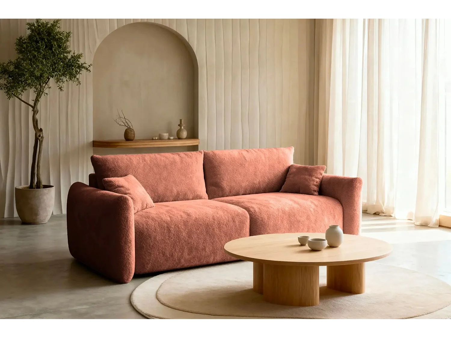 ELIO - Canapé convertible tissu bouclette 3 places Terracotta