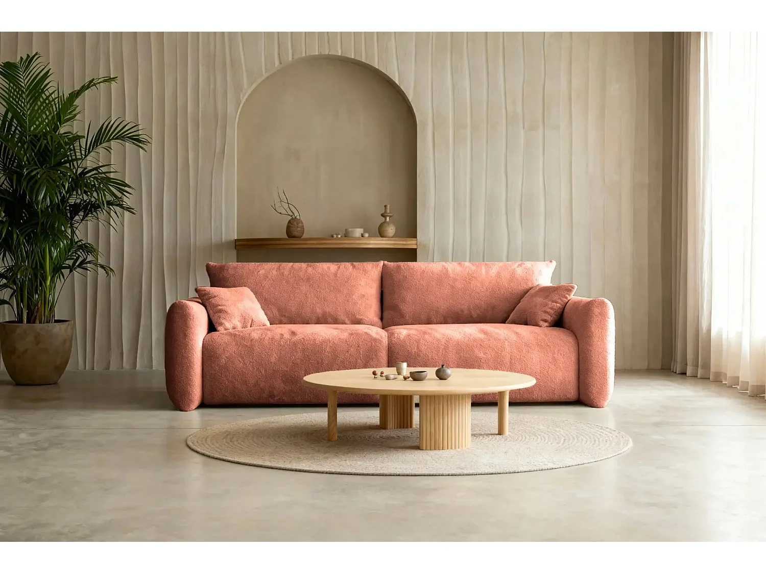 ELIO - Canapé convertible tissu bouclette 3 places Terracotta