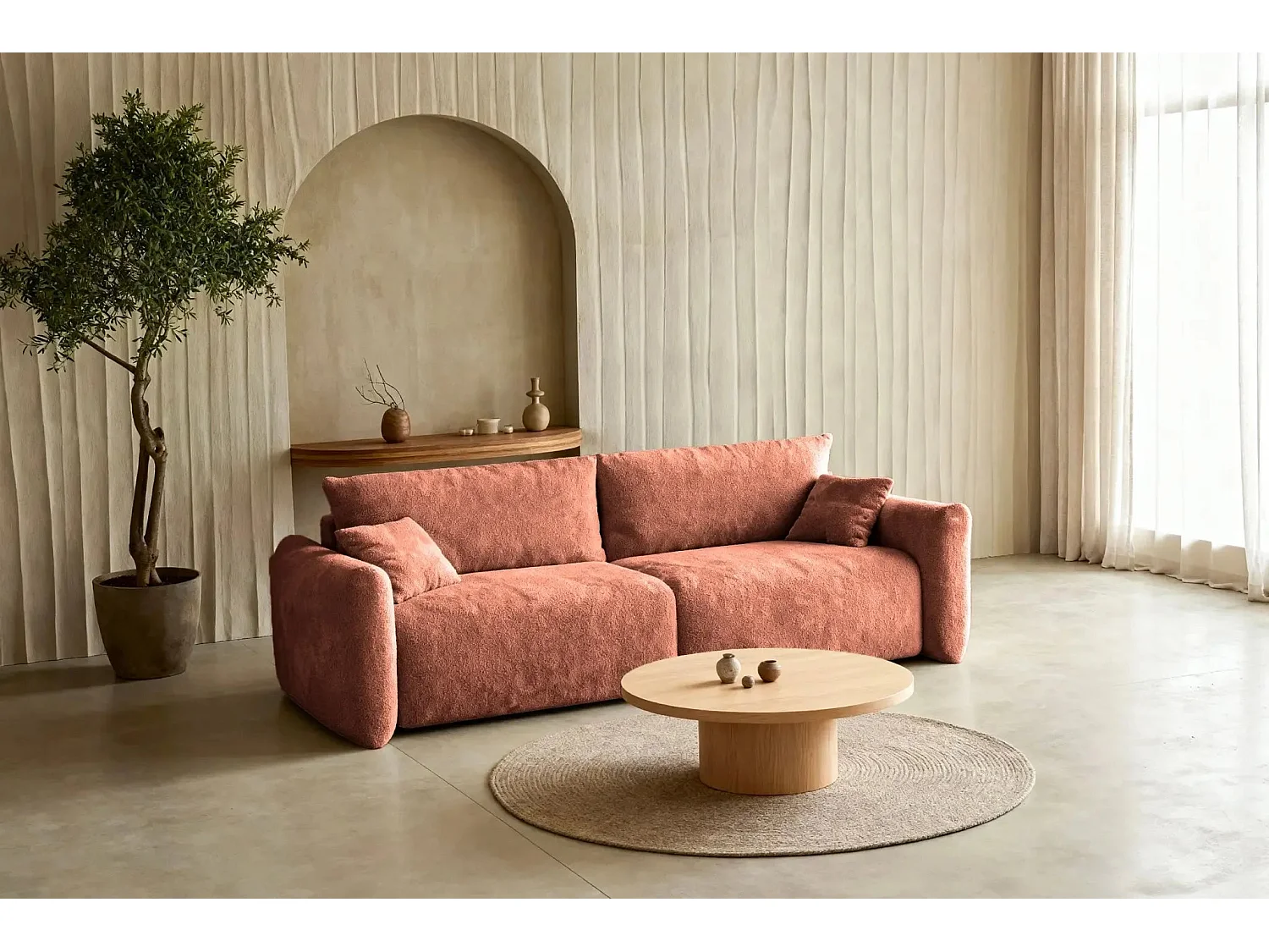 ELIO - Canapé convertible tissu bouclette 3 places Terracotta