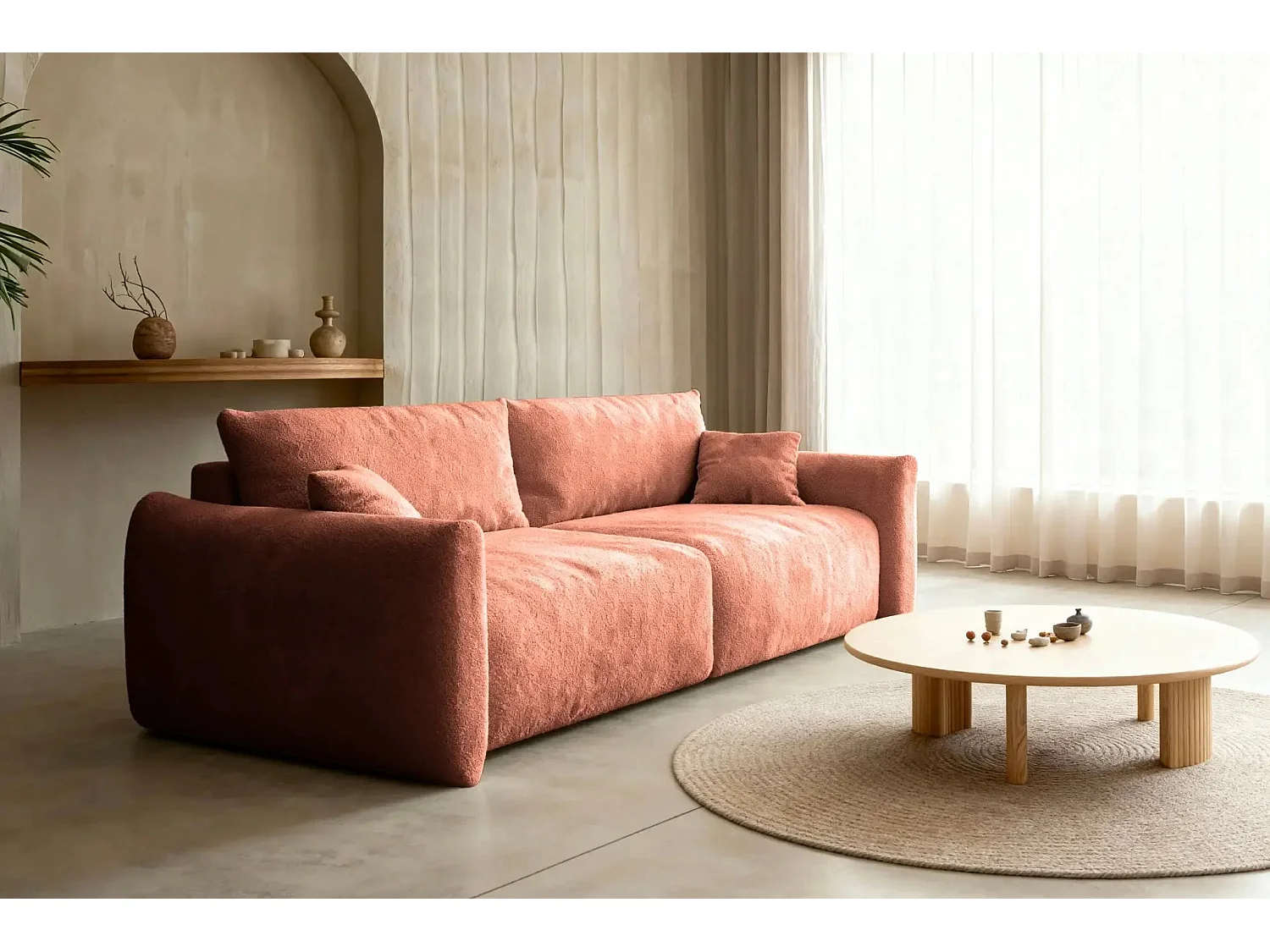 ELIO - Canapé convertible tissu bouclette 3 places Terracotta