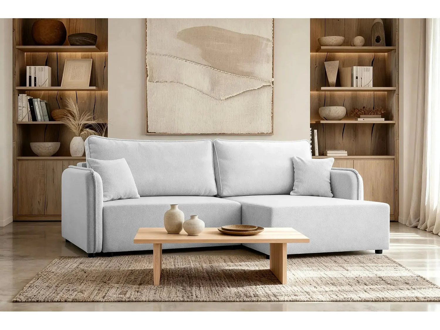 BONNIE - Canapé d'angle convertible tissu lisse 3 places - Gris clair - Droit