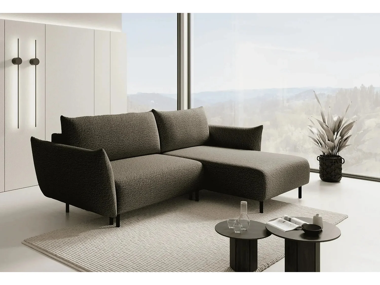 ALIX - Canapé d'angle convertible tissu bouclette 4 places - Vert