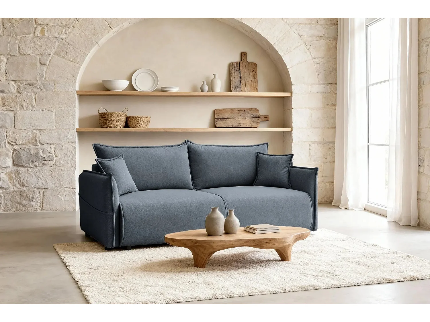 CAROLINA - Canapé droit convertible tissu chiné 3 places - Bleu