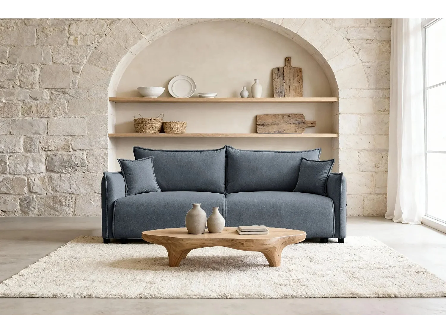 CAROLINA - Canapé droit convertible tissu chiné 3 places - Bleu