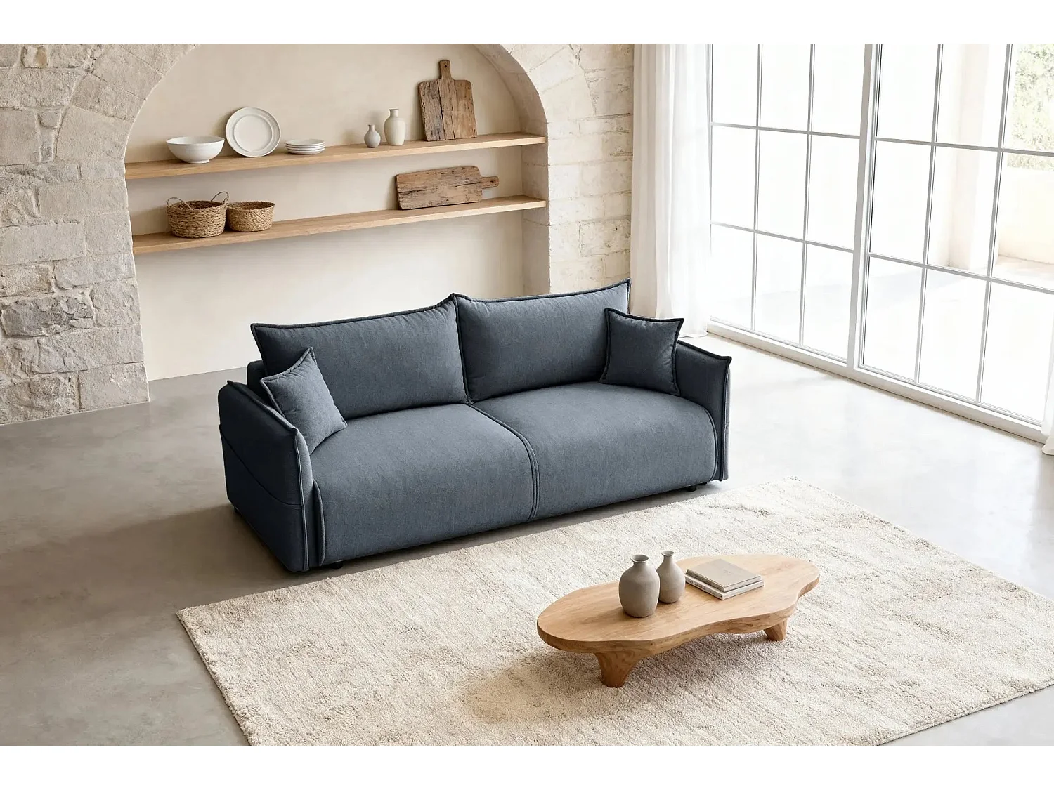 CAROLINA - Canapé droit convertible tissu chiné 3 places - Bleu