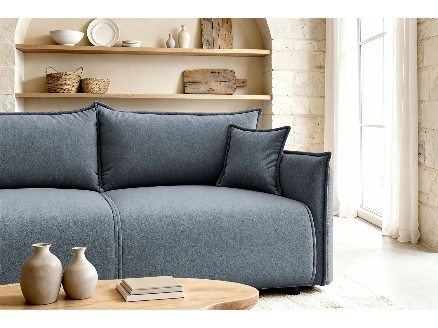 Canapé convertible 3 places en tissu chiné bleu CAROLINA
