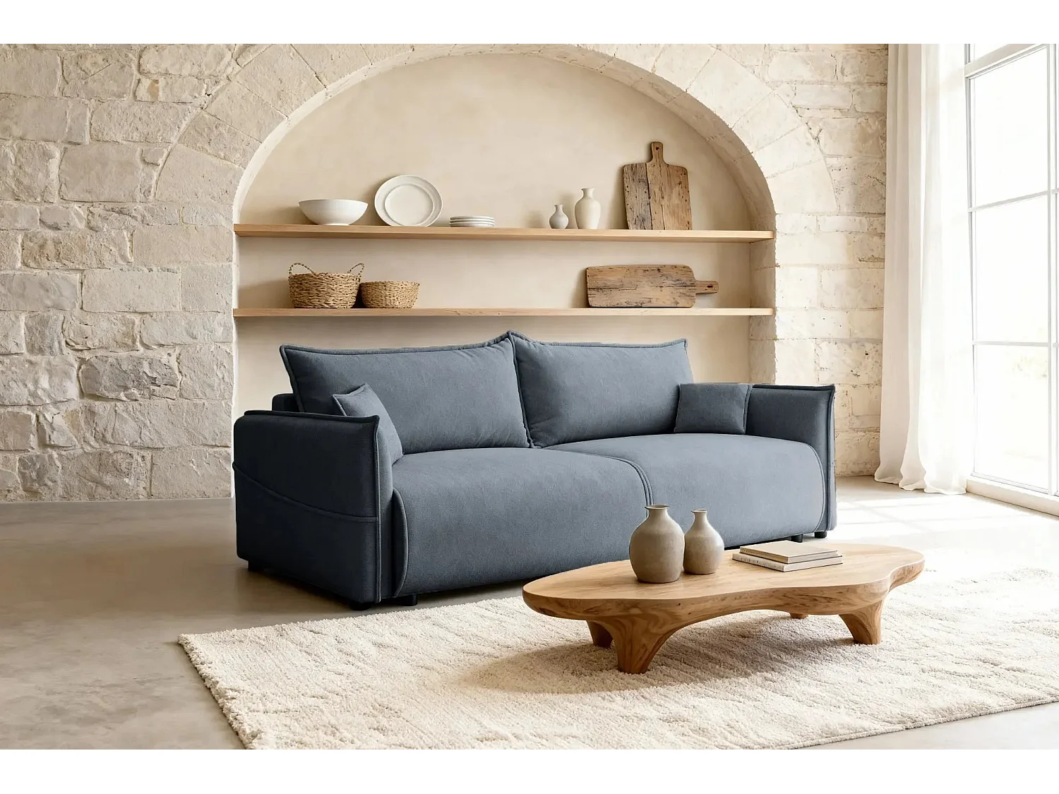 Canapé convertible 3 places en tissu chiné bleu CAROLINA