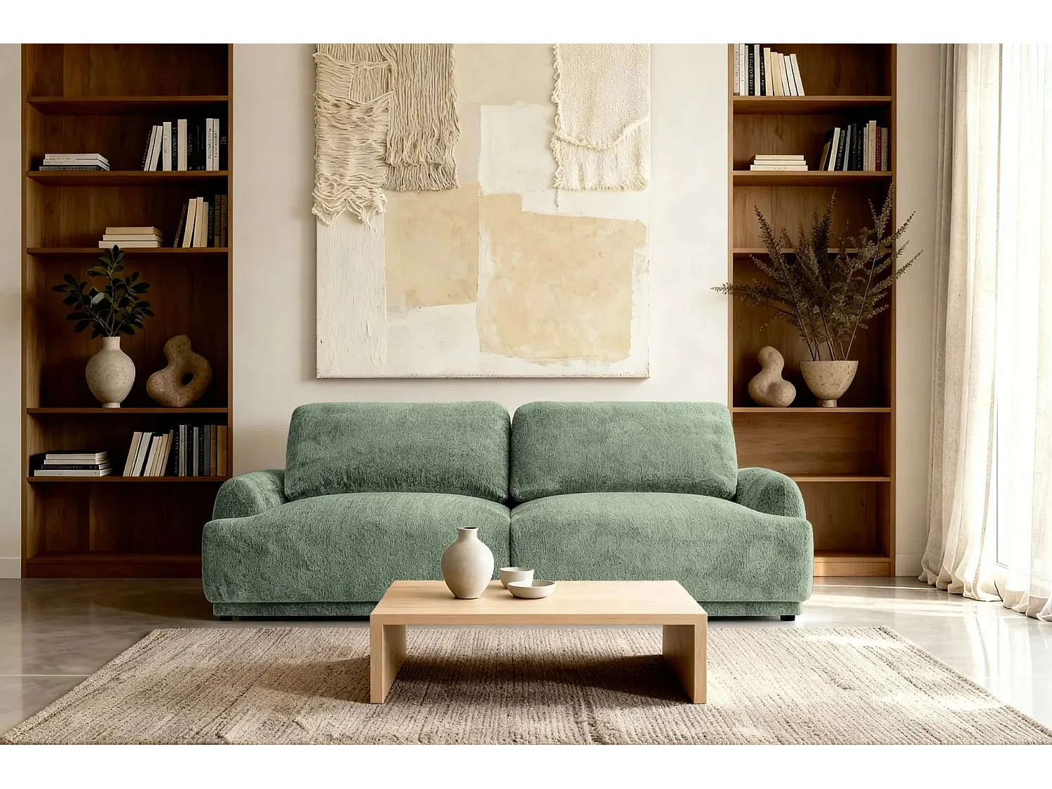 CLAUDIA - Canapé droit convertible tissu chenille 3 places - Vert