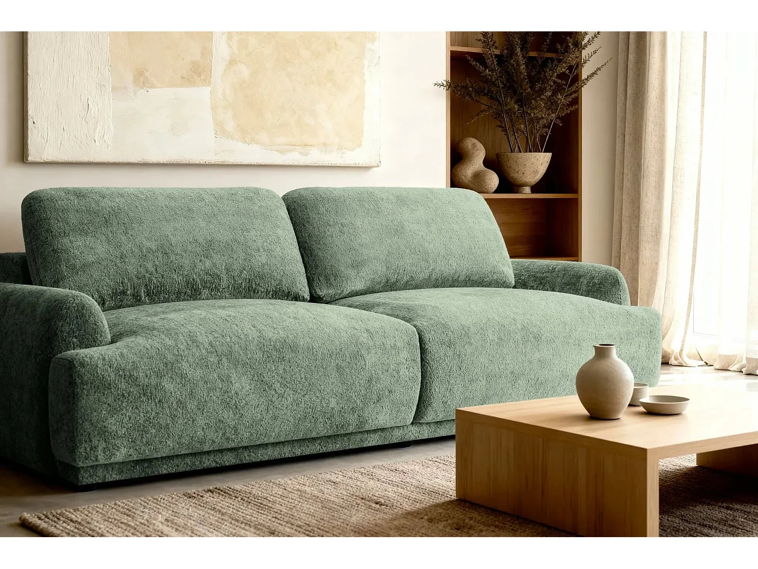 CLAUDIA - Canapé droit convertible tissu chenille 3 places - Vert