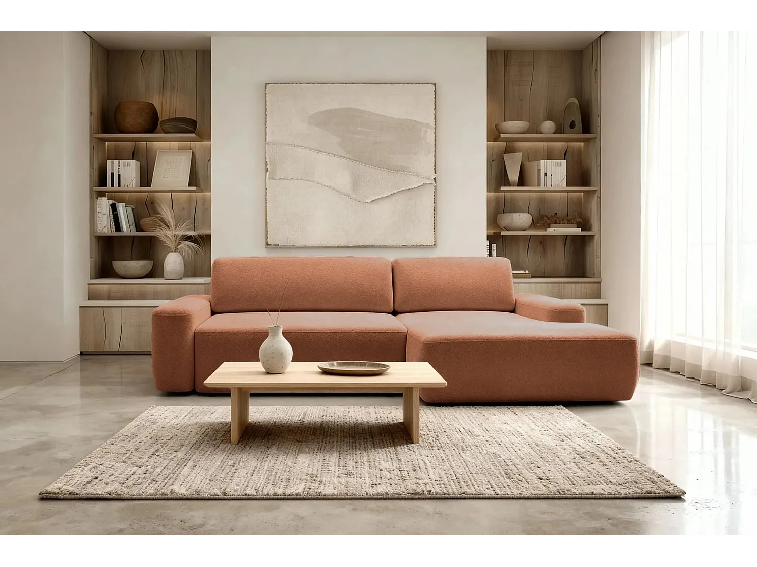 IVY - Canapé d'angle convertible tissu chiné 4 places - Terracotta - Droit