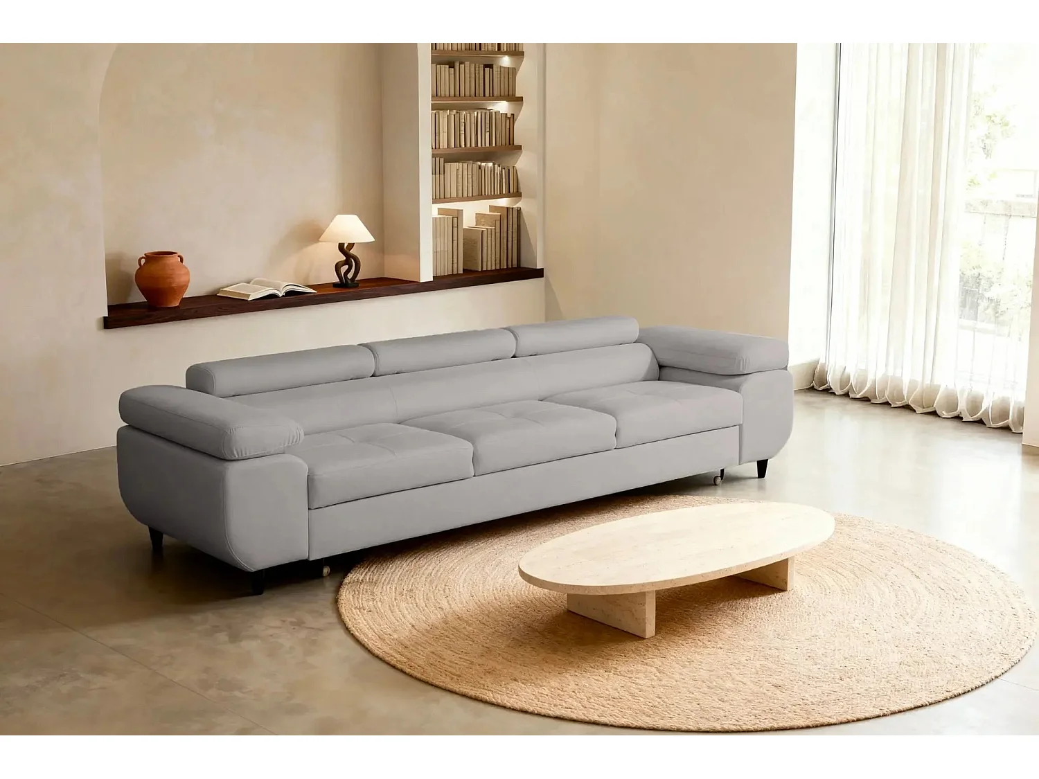 CHARLIE - Canapé droit convertible tissu chiné 3 places - Gris clair