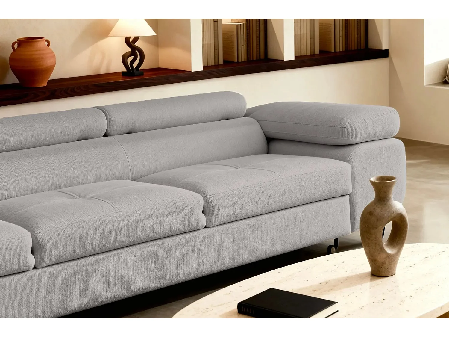 CHARLIE - Canapé droit convertible tissu chiné 3 places - Gris clair