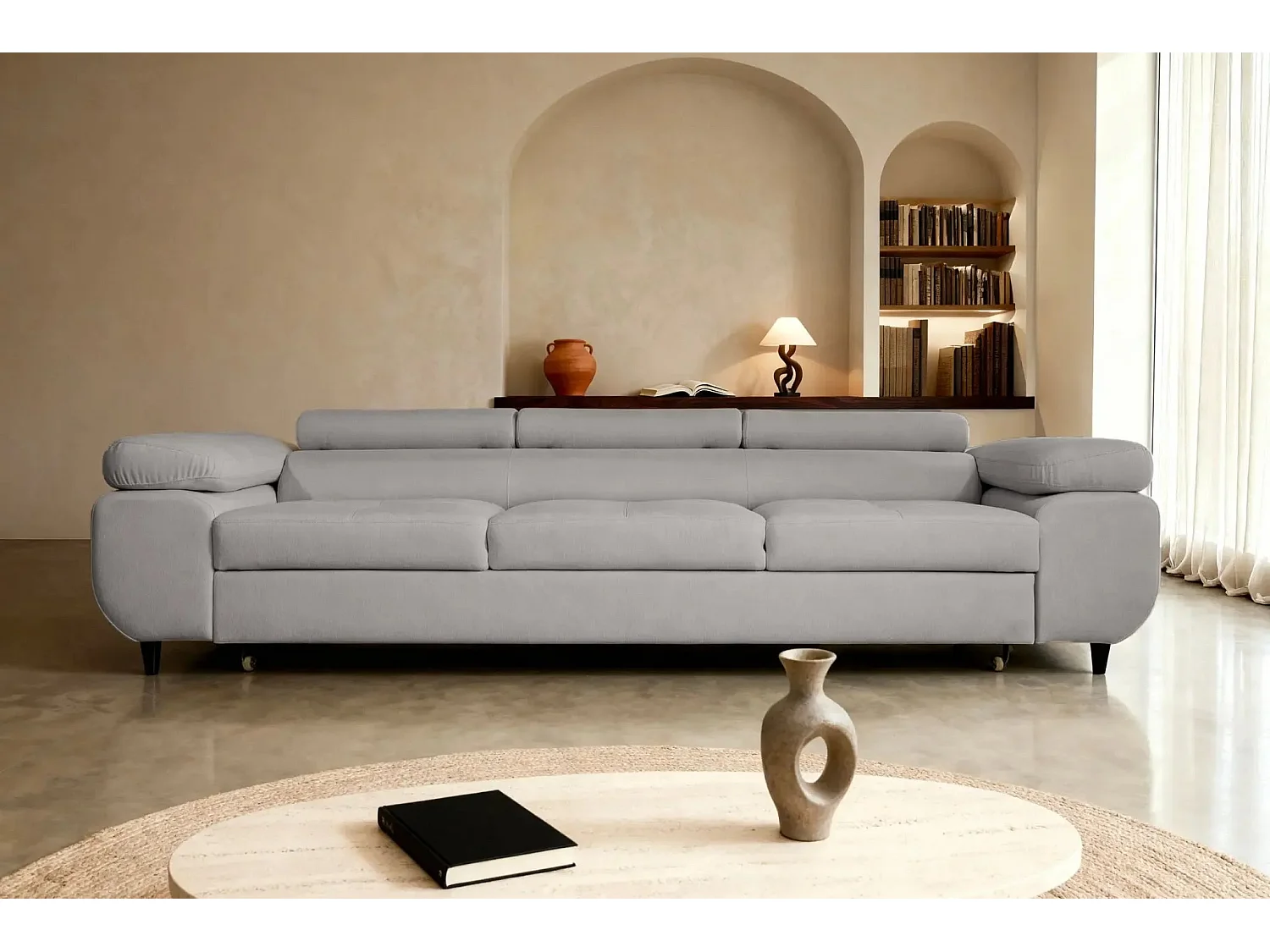 Canapé convertible 3 places en tissu chiné gris clair CHARLIE