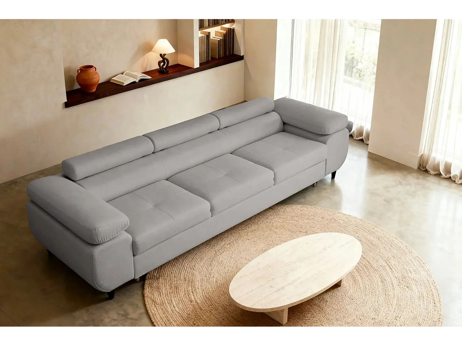 Canapé convertible 3 places en tissu chiné gris clair CHARLIE
