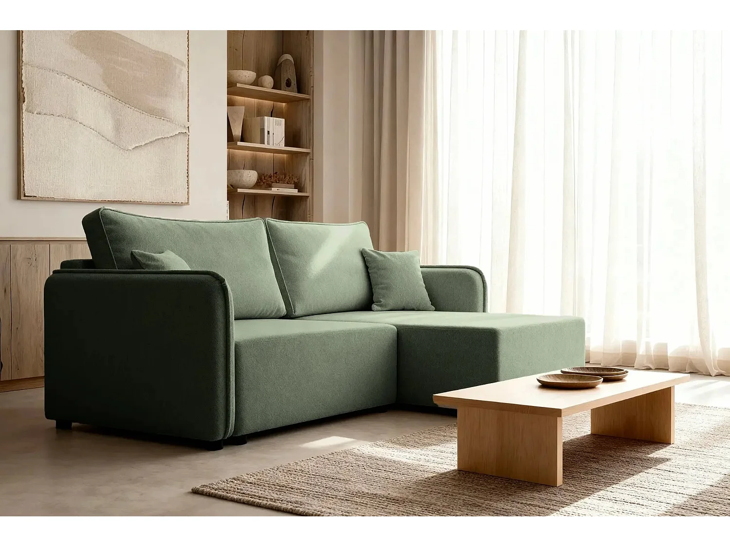 BONNIE - Canapé d'angle convertible tissu lisse 3 places - Vert - Droit