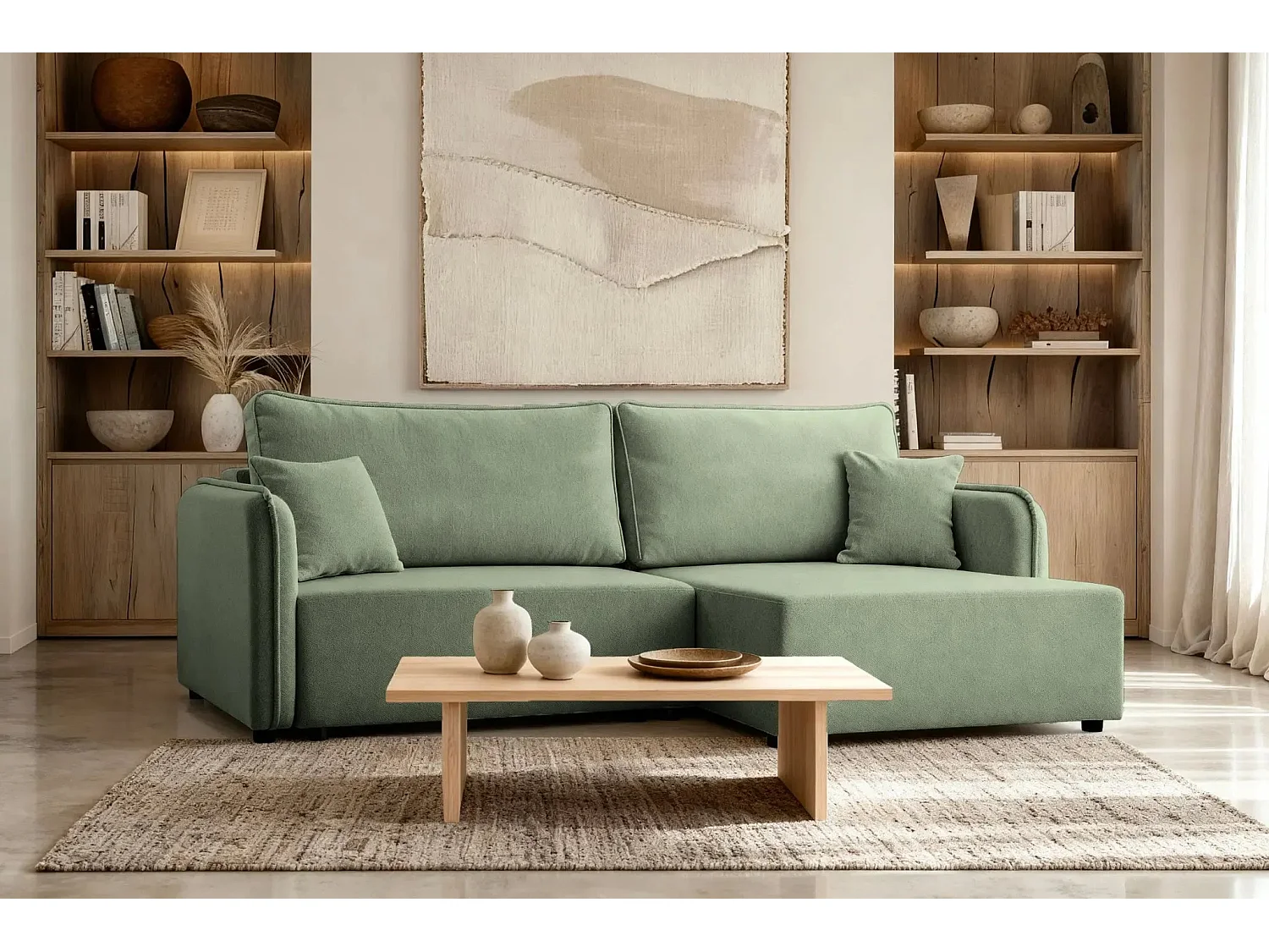 BONNIE - Canapé d'angle convertible tissu lisse 3 places - Vert - Droit