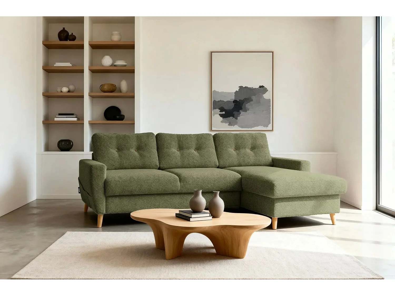 GASPARD - Canapé d'angle convertible tissu bouclette 4 places - Vert - Gauche