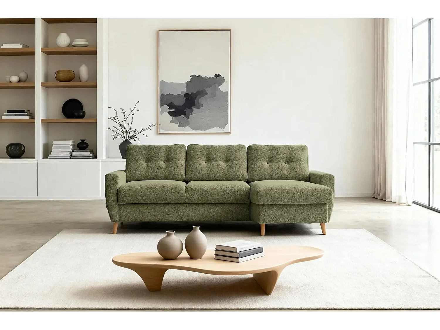 GASPARD - Canapé d'angle convertible tissu bouclette 4 places - Vert - Gauche