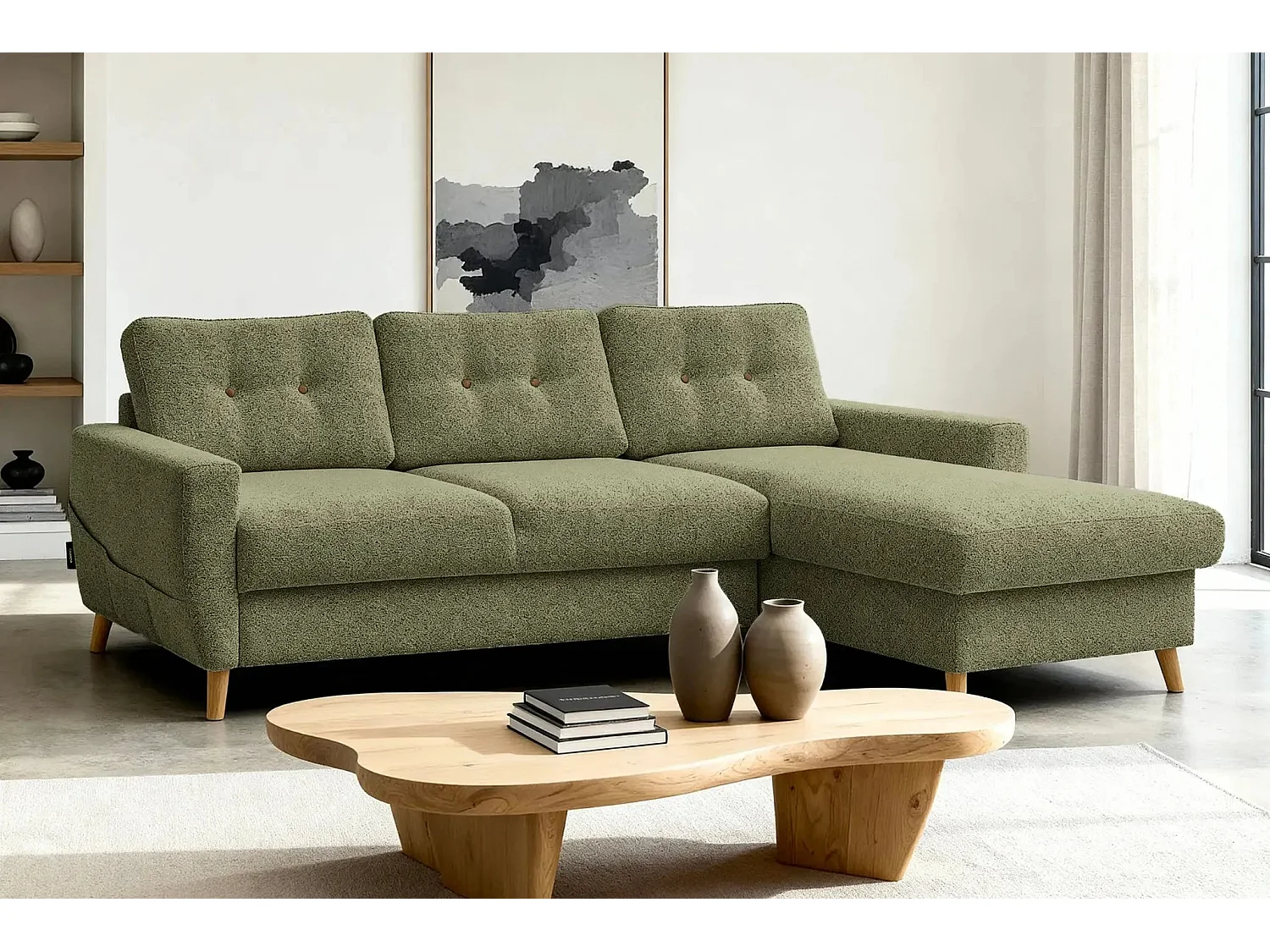 GASPARD - Canapé d'angle convertible tissu bouclette 4 places - Vert - Gauche