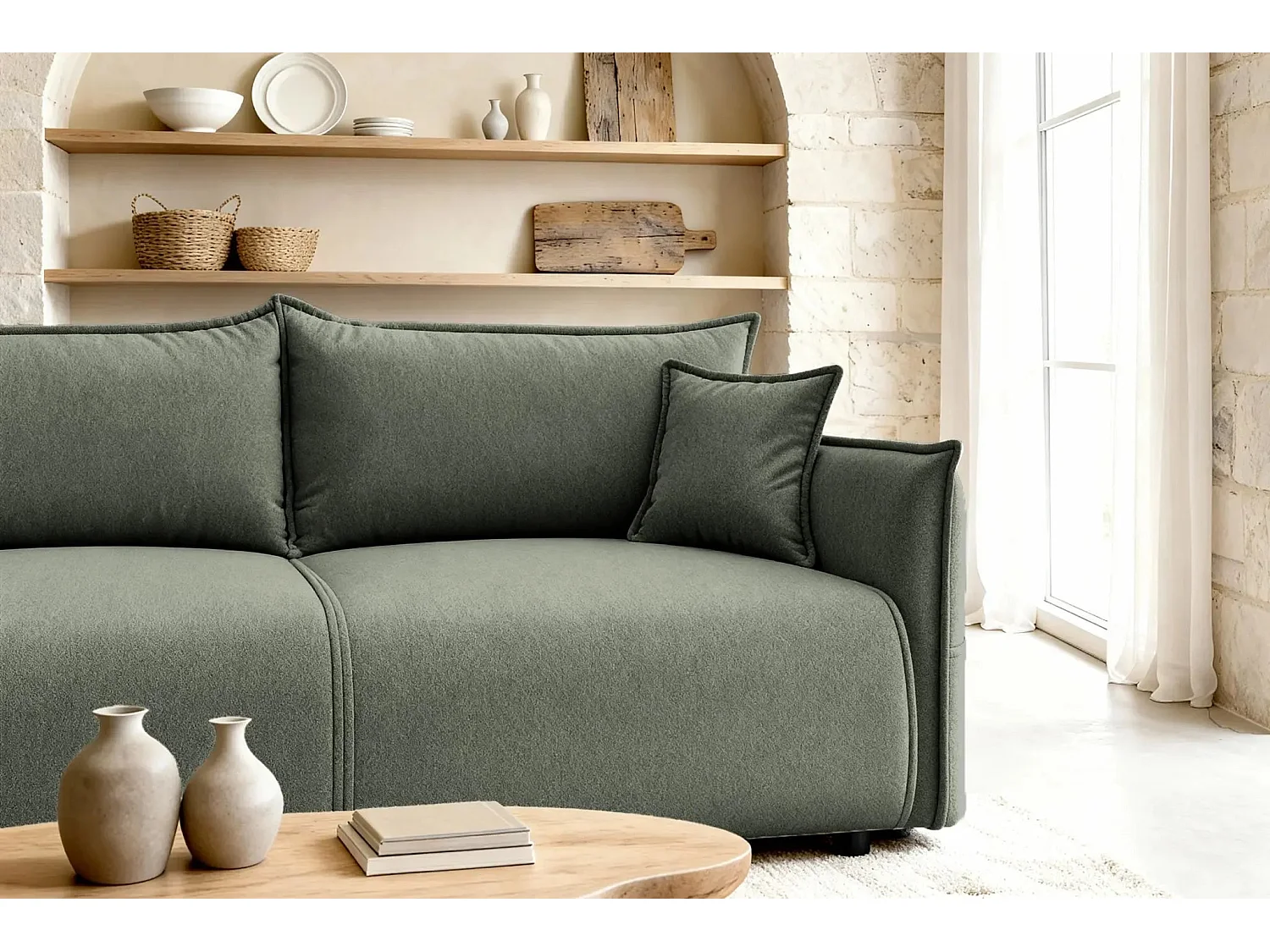 CAROLINA - Canapé droit convertible tissu chiné 3 places - Vert