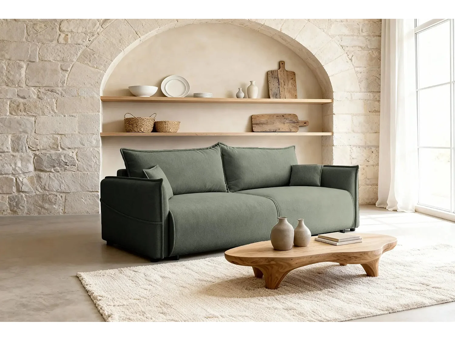 CAROLINA - Canapé droit convertible tissu chiné 3 places - Vert