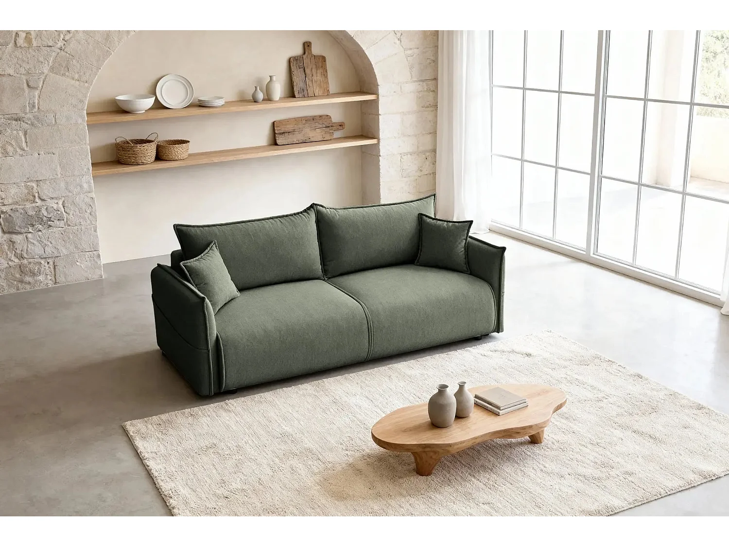 CAROLINA - Canapé droit convertible tissu chiné 3 places - Vert