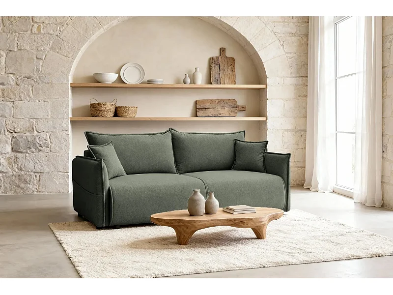 CAROLINA - Canapé droit convertible tissu chiné 3 places - Vert