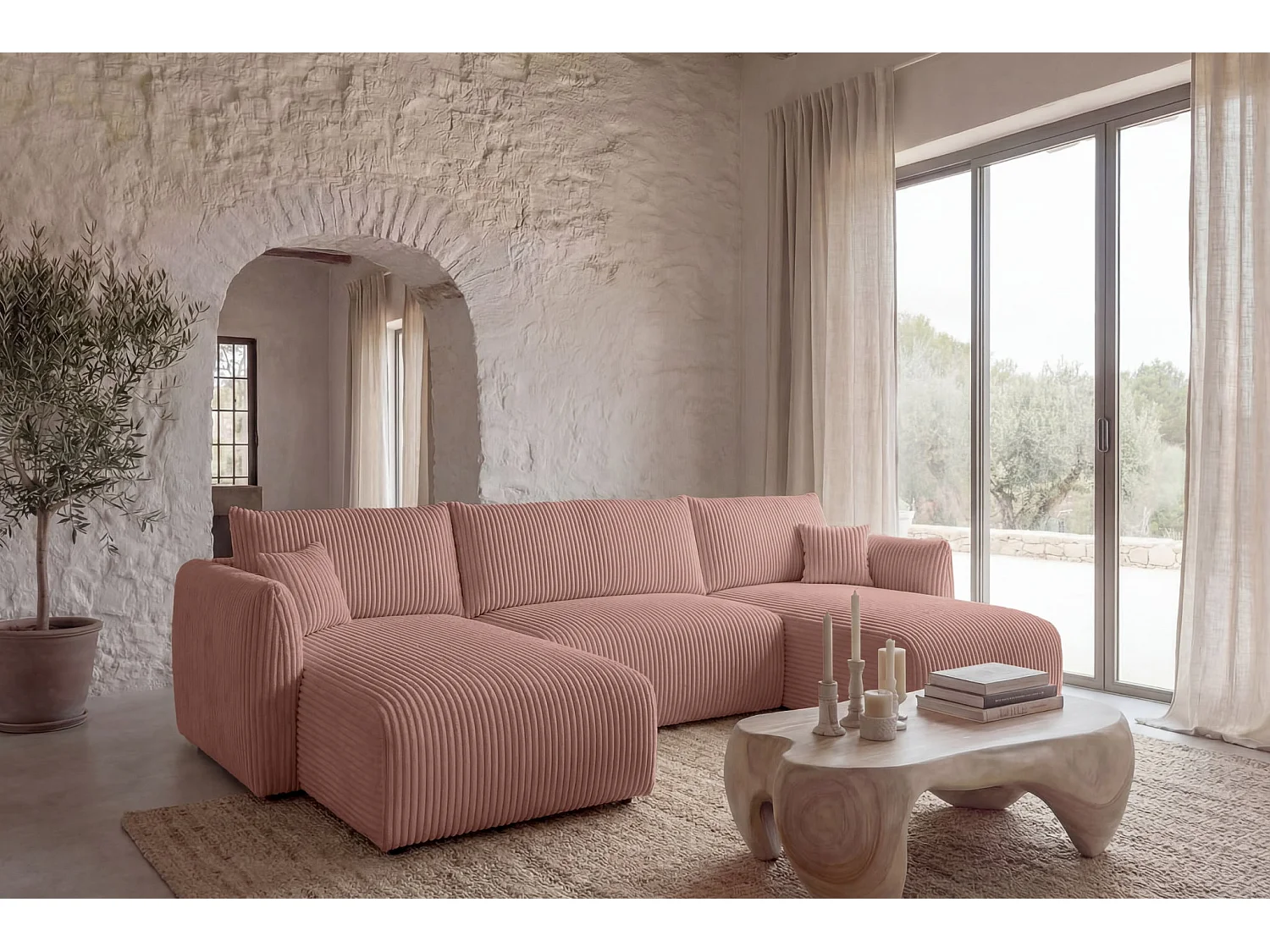 ELIO - Canapé panoramique convertible gros velours côtelé 5 places - Rose