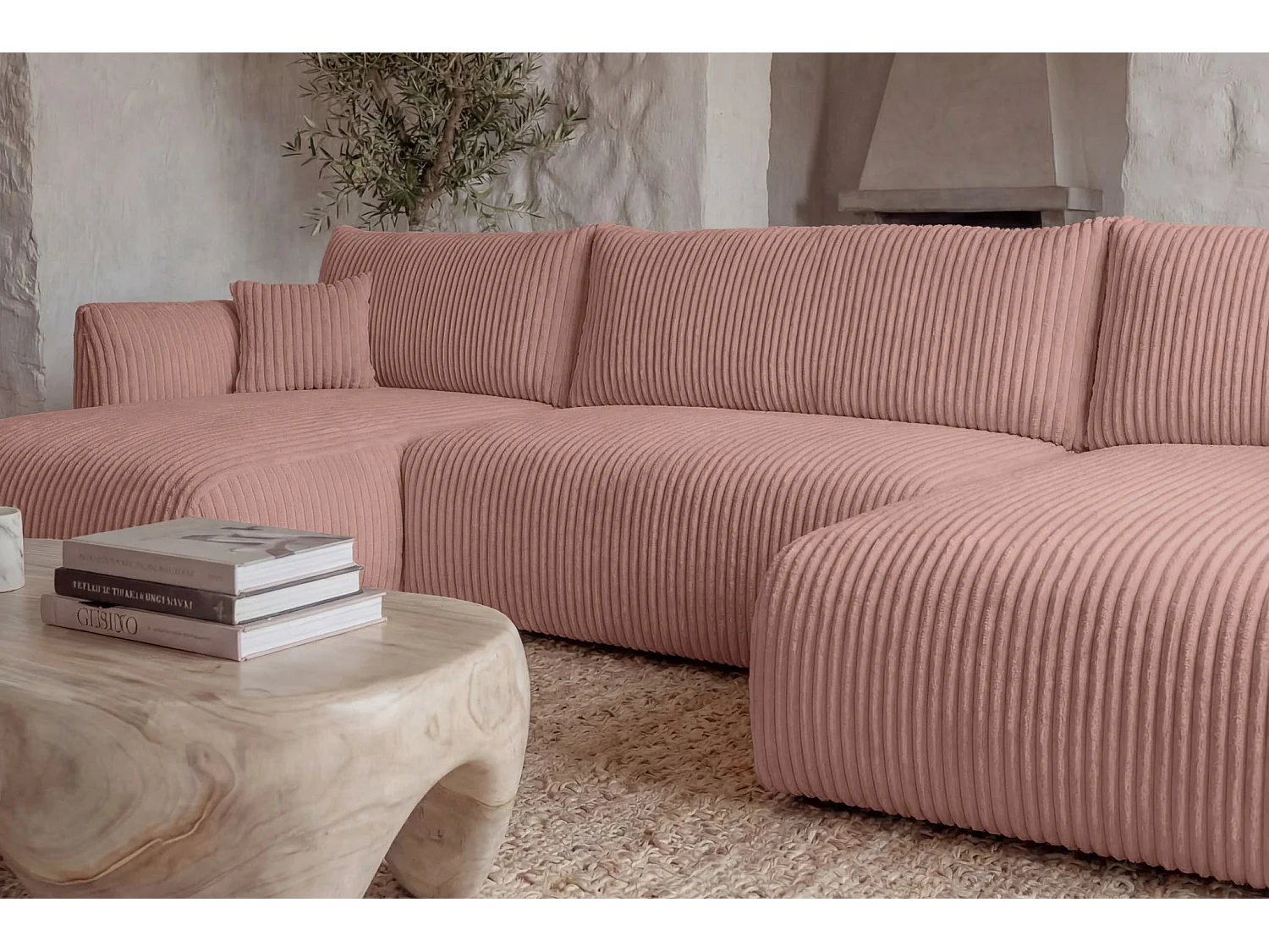 ELIO - Canapé panoramique convertible gros velours côtelé 5 places - Rose