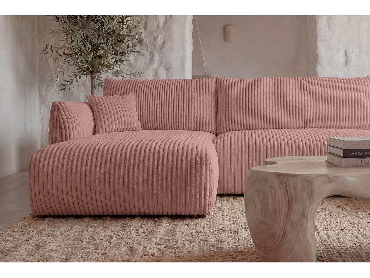 ELIO - Canapé panoramique convertible gros velours côtelé 5 places - Rose