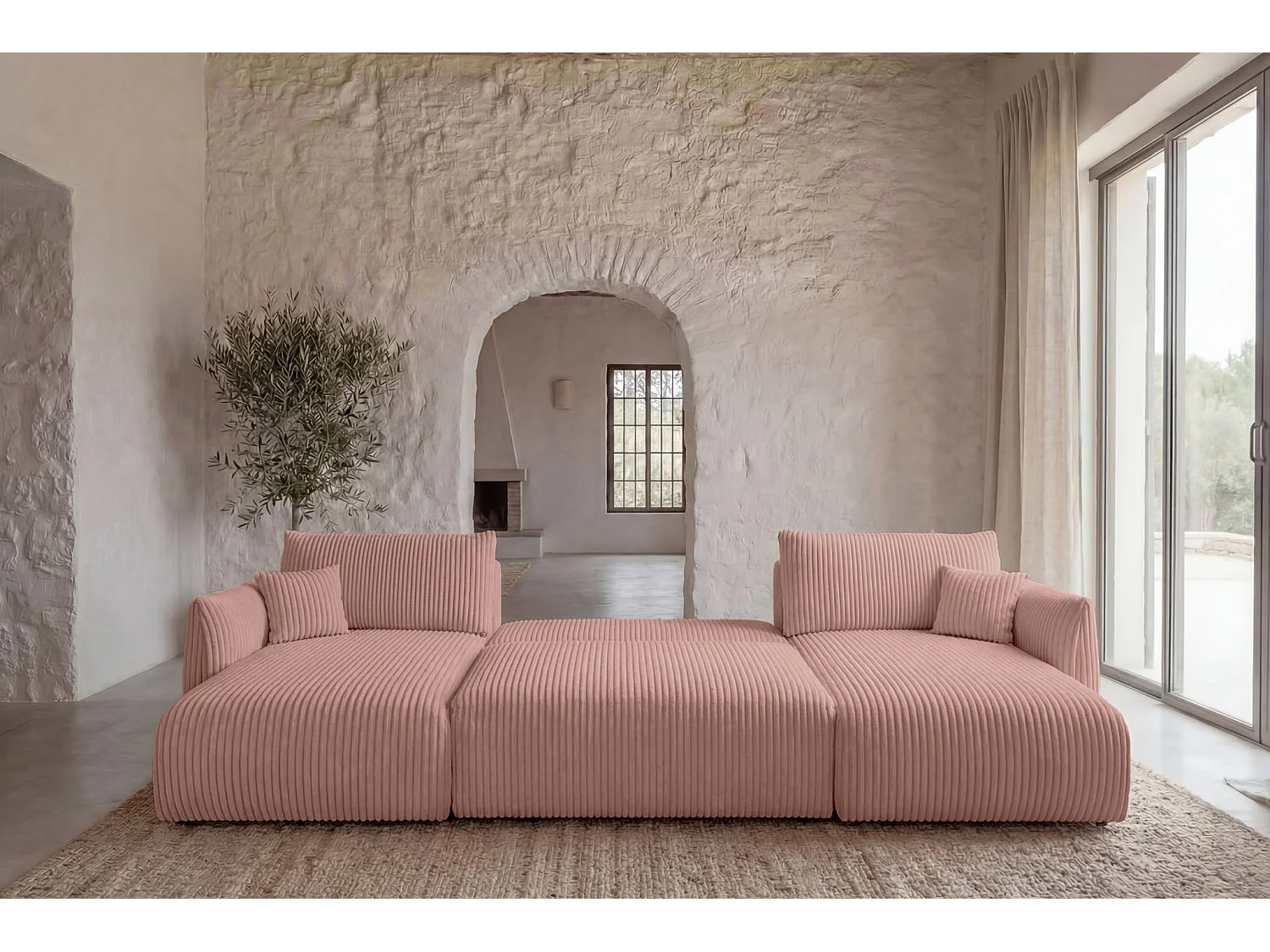 ELIO - Canapé panoramique convertible gros velours côtelé 5 places - Rose