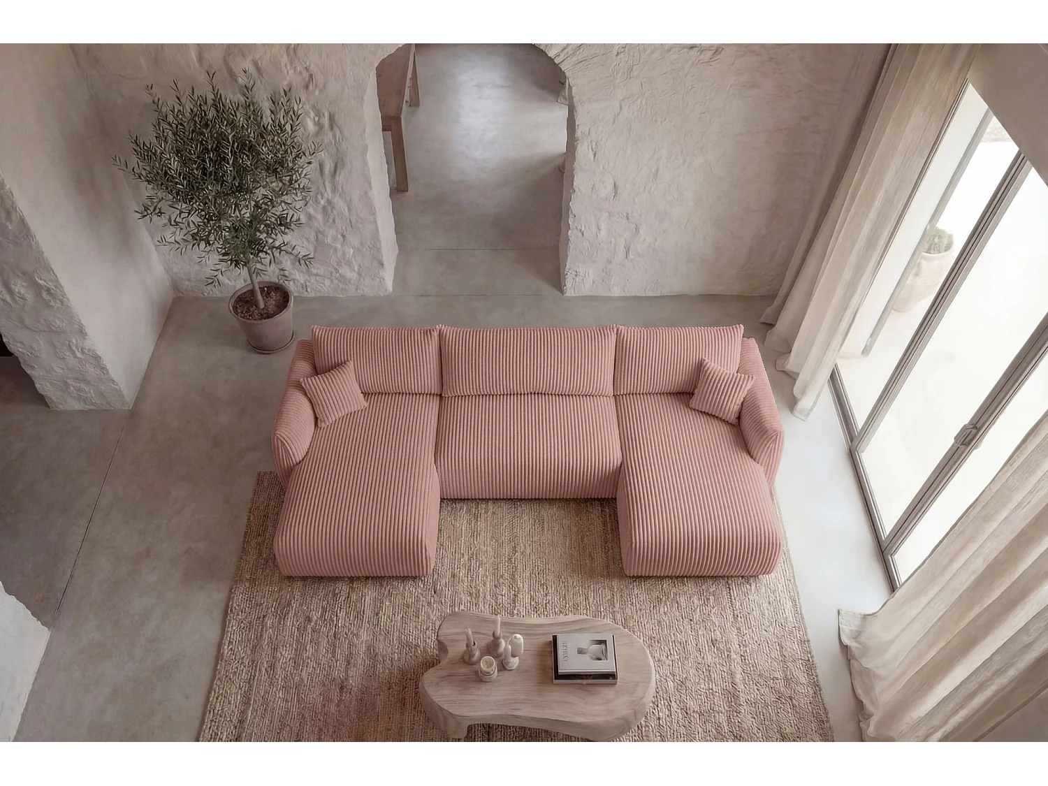ELIO - Canapé panoramique convertible gros velours côtelé 5 places - Rose