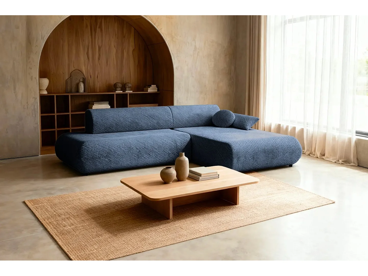 LEVI - Canapé d'angle convertible tissu lisse 3 places - Bleu - Droit