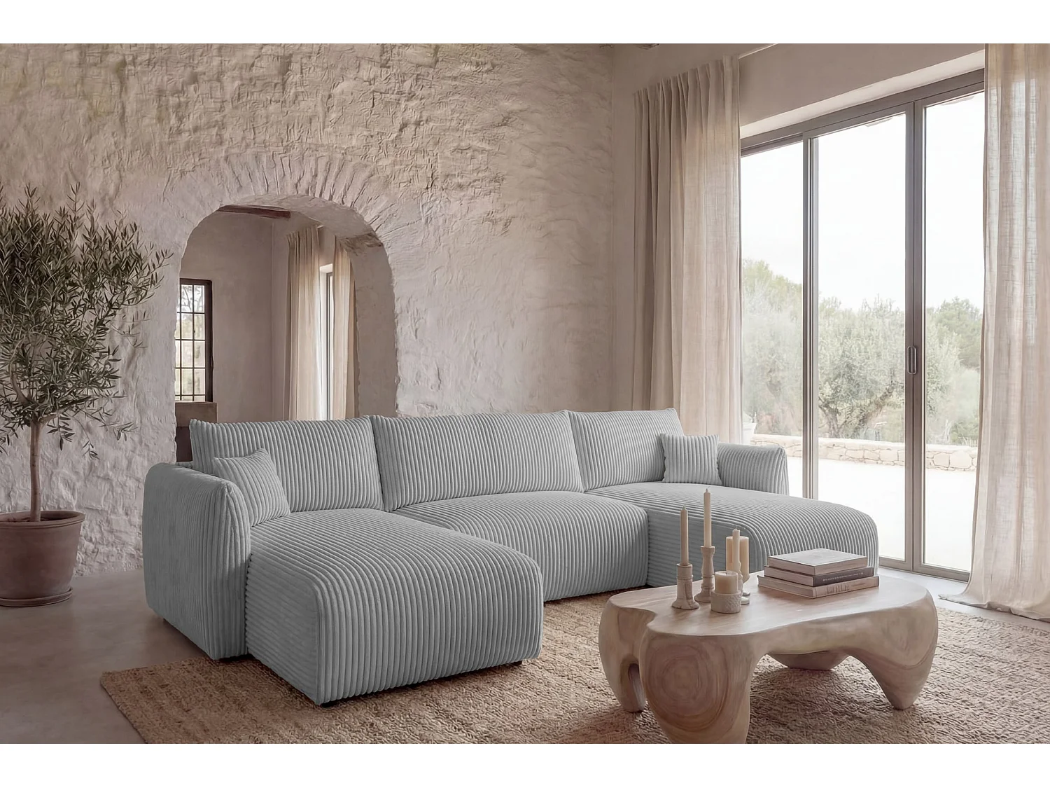 ELIO - Canapé panoramique convertible gros velours côtelé 5 places - Gris clair