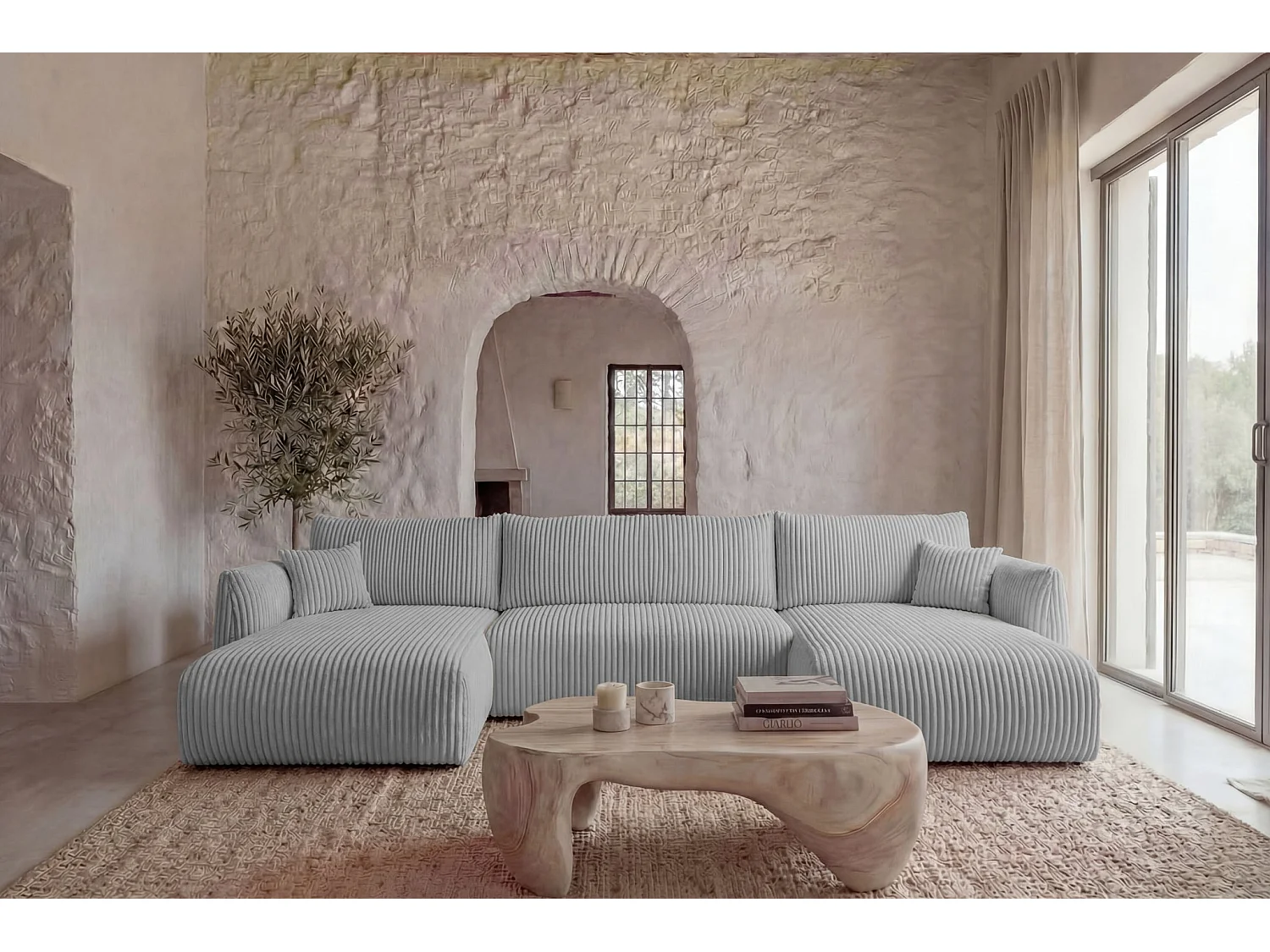 ELIO - Canapé panoramique convertible gros velours côtelé 5 places - Gris clair