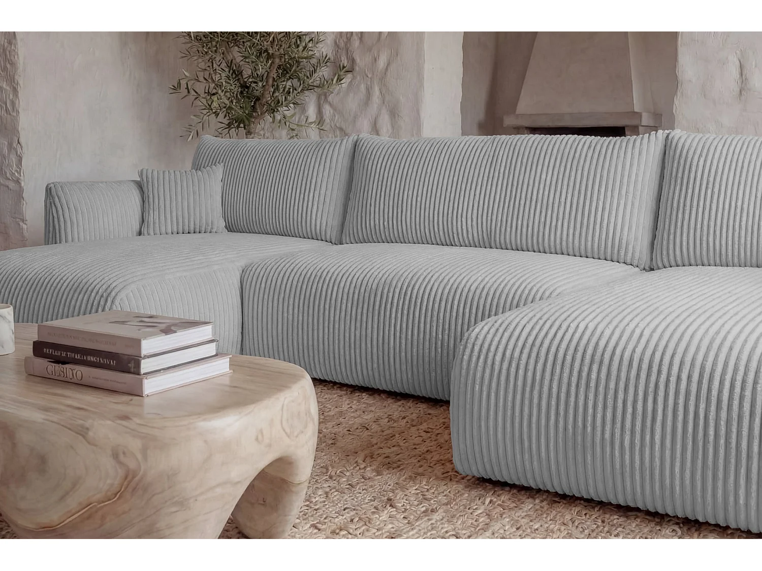 ELIO - Canapé panoramique convertible gros velours côtelé 5 places - Gris clair