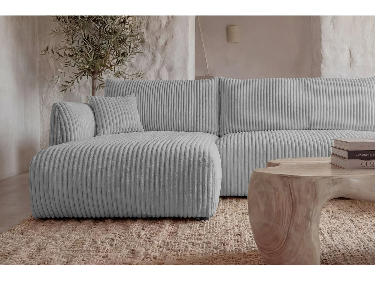 ELIO - Canapé panoramique convertible gros velours côtelé 5 places - Gris clair