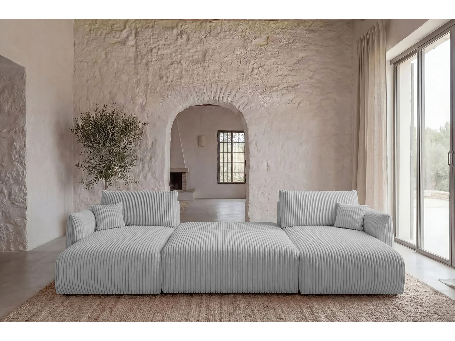 ELIO - Canapé panoramique convertible gros velours côtelé 5 places - Gris clair