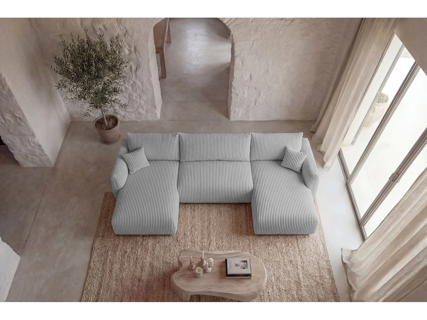 ELIO - Canapé panoramique convertible gros velours côtelé 5 places - Gris clair