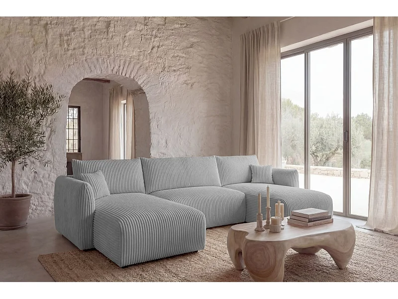ELIO - Canapé panoramique convertible gros velours côtelé 5 places - Gris clair