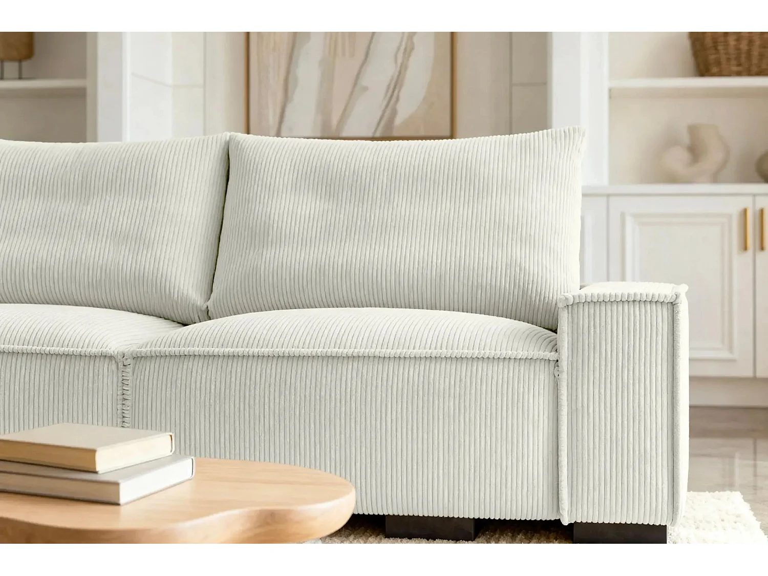 CLARY - Canapé droit convertible velours côtelé 2 places - Beige