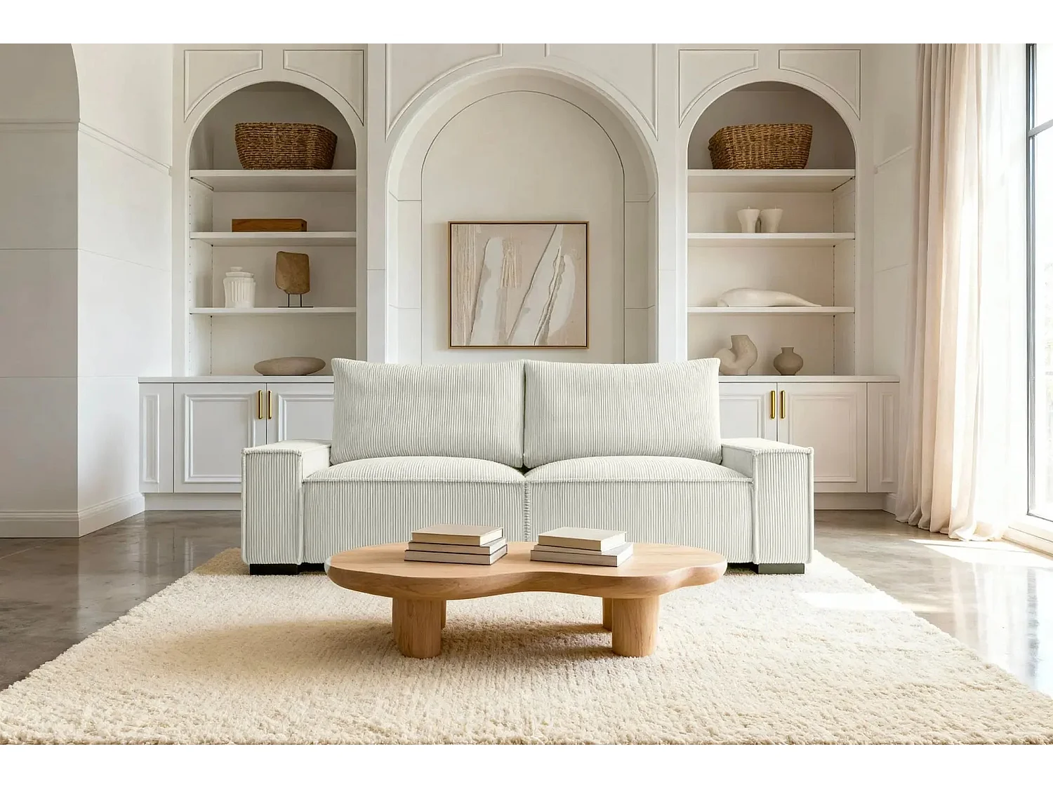 CLARY - Canapé droit convertible velours côtelé 2 places - Beige