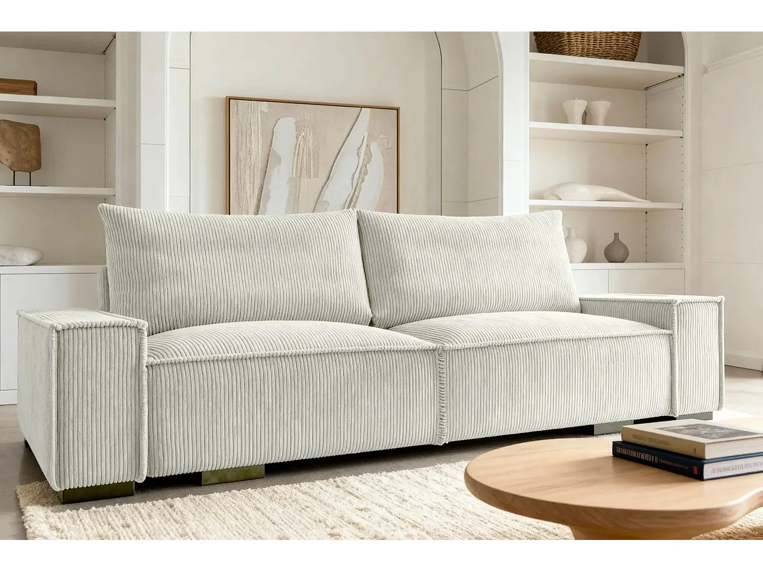 CLARY - Canapé droit convertible velours côtelé 2 places - Beige