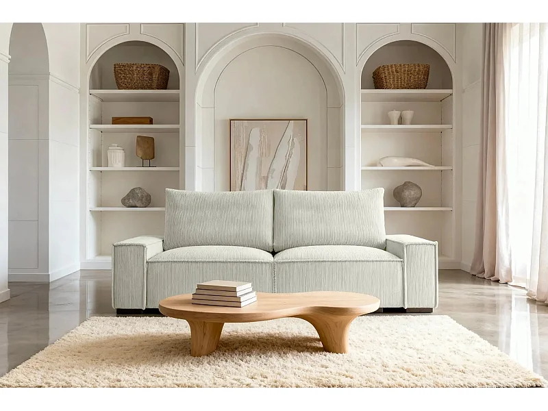 CLARY - Canapé droit convertible velours côtelé 2 places - Beige